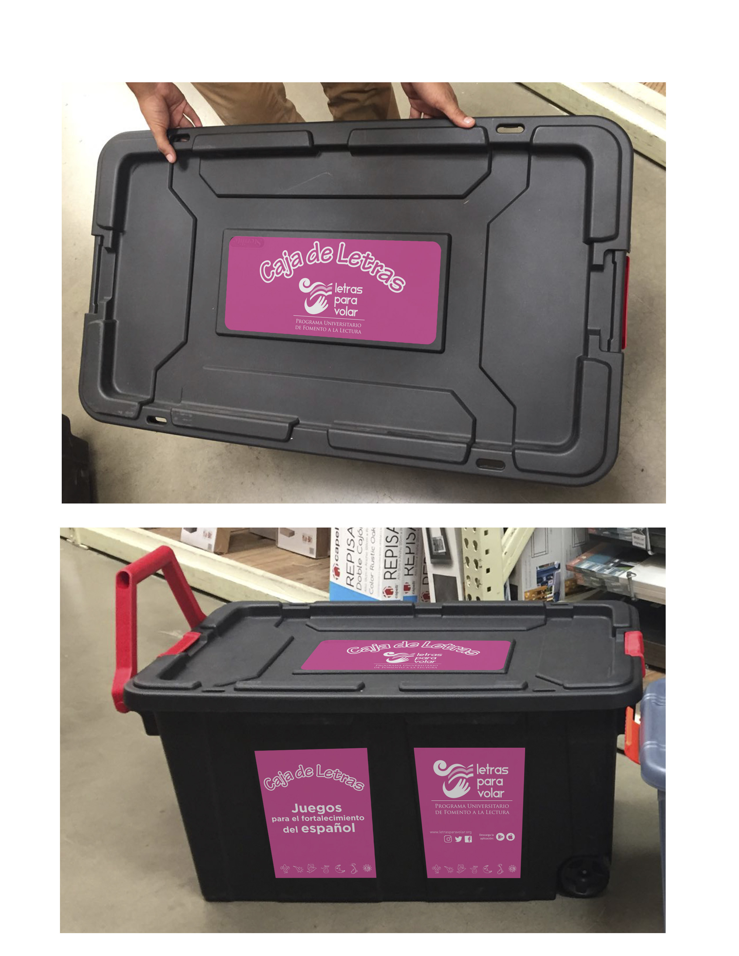 fotografía de un contenedor plástico con el logo "Caja de letras"